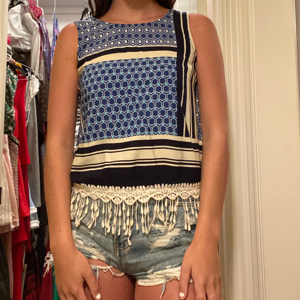Blue Printed Tank Top with Fringe